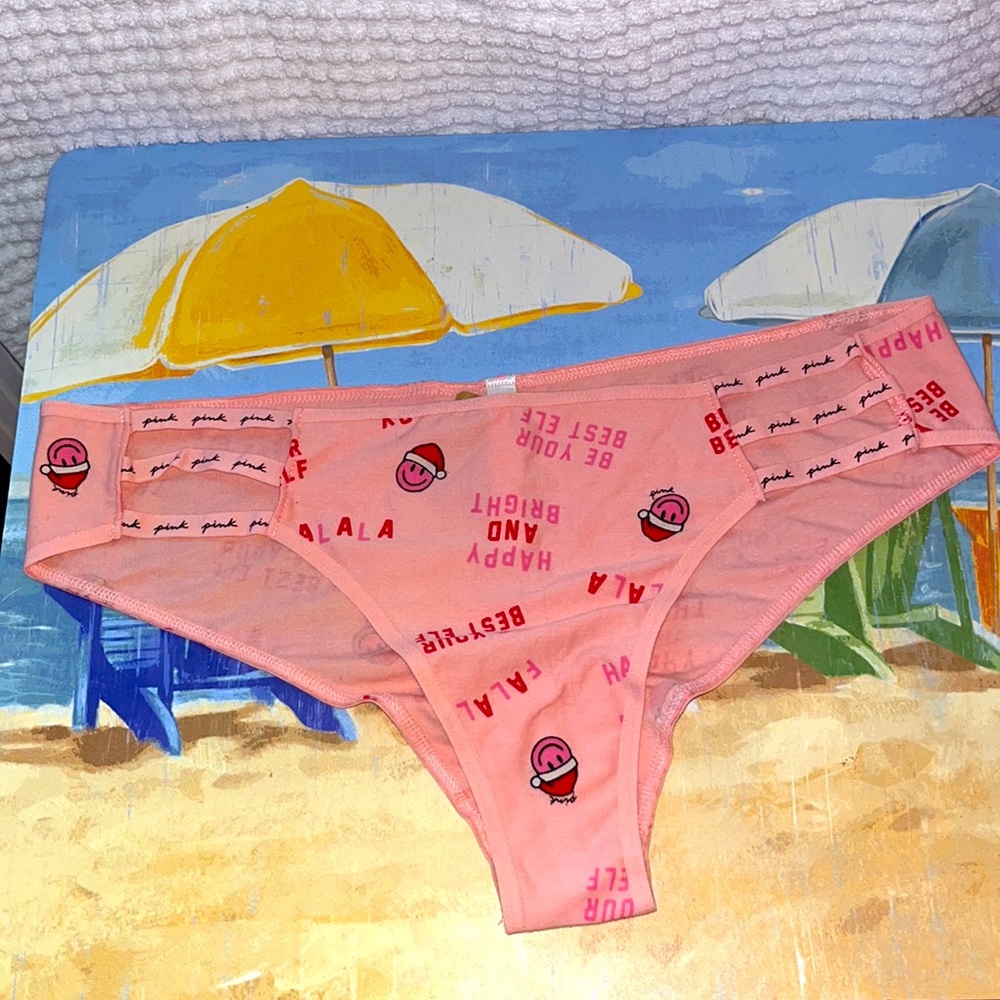 Falalala happy holidays smiley with a Santa hat emoji sayings pink panties nwt